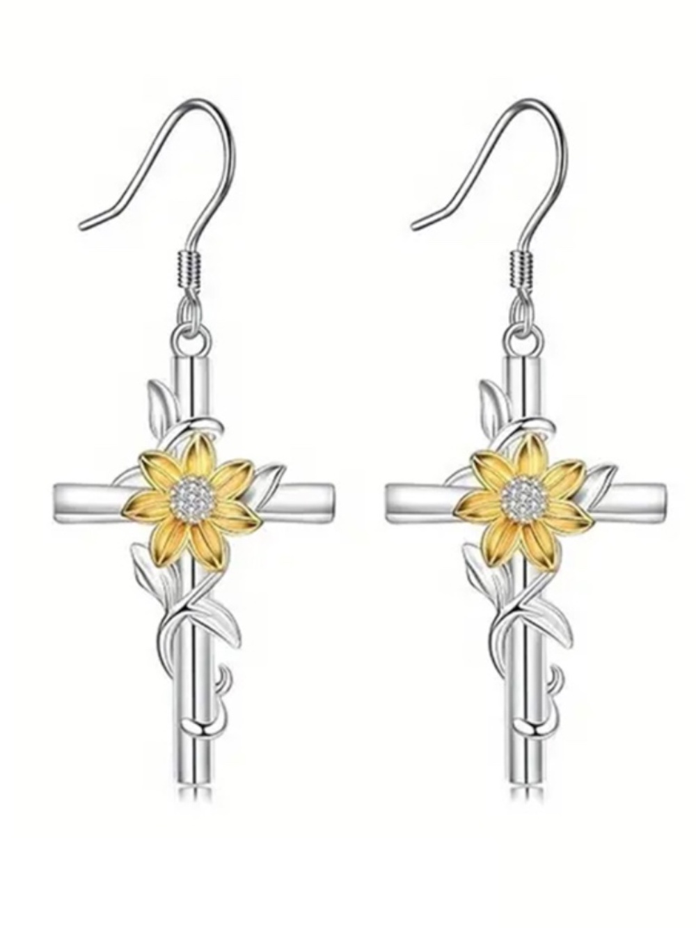 Cross Sunflower Silver Plated Earrings